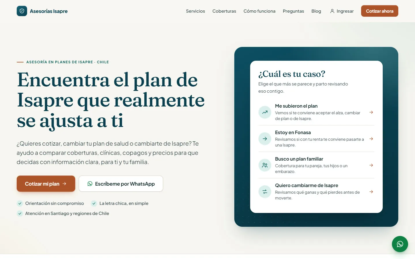 Captura de la demo: Sitio para asesorías en planes de Isapre